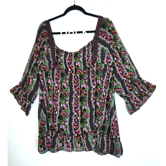 Crazy Angel Peasant Top 2X 3X Cottage Core Floral Sheer Lined BOHO Festival VTG - Picture 7 of 16